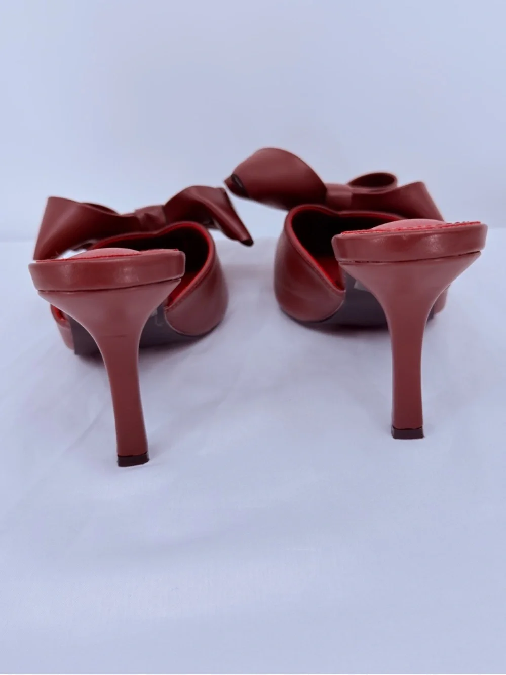 Fashion Nova Red Bow Heels Size 7.5 Pointed Toe Mule Stiletto Slip On